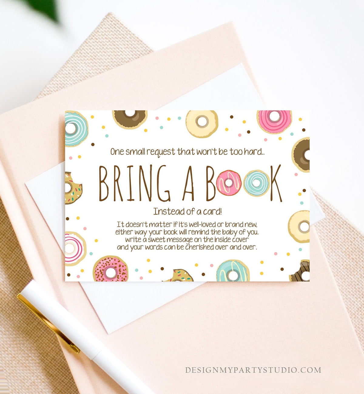 Editable Donut Bring a Book Card Pink Girl Baby Shower Sprinkle Book Insert Books for Baby Book Request Doughnut Digital Corjl Template 0050