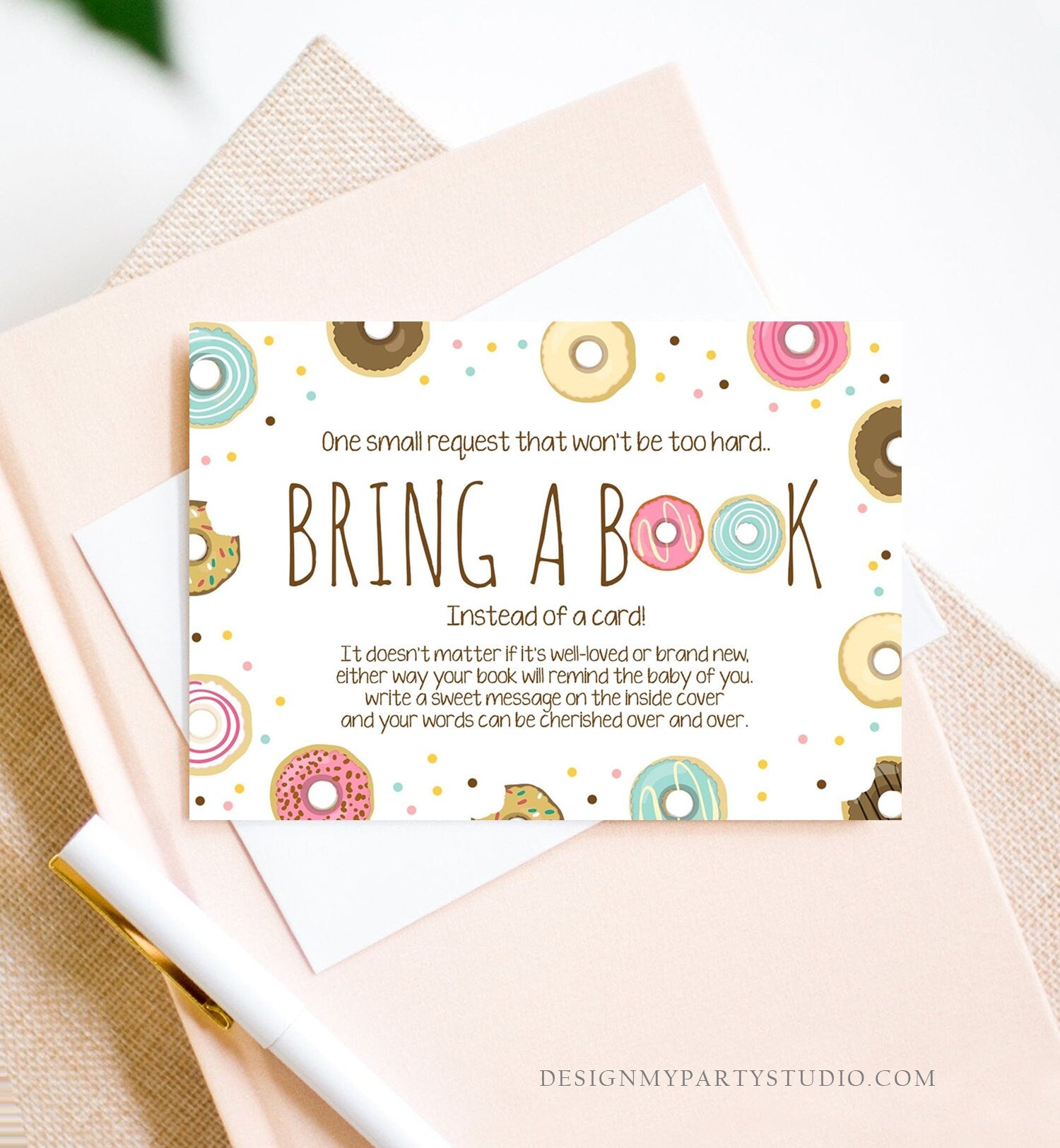 Editable Donut Bring a Book Card Pink Girl Baby Shower Sprinkle Book Insert Books for Baby Book Request Doughnut Digital Corjl Template 0050