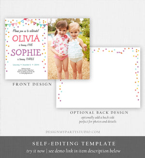 Editable Twin Birthday Invitation Twins Confetti Girls Joint Birthday Party Twin Confetti Download Printable Template Digital Corjl 0292