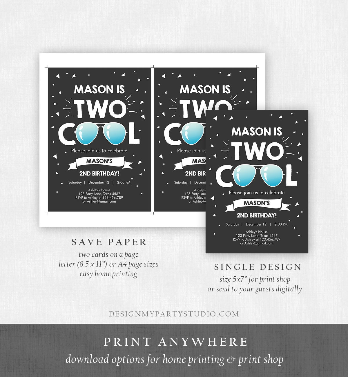 Editable Two Cool Birthday Invitation Boy Second Birthday Party 2nd I&#39;m this Many I&#39;m Two Cool Digital Download Template Printable 0136