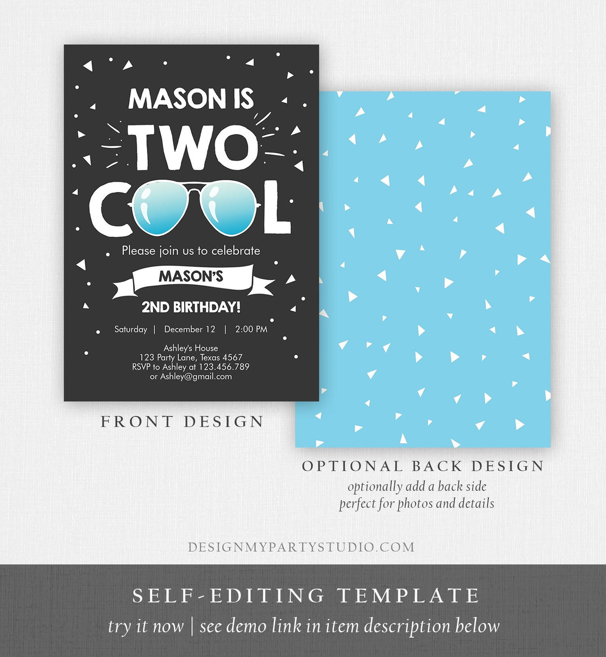 Editable Two Cool Birthday Invitation Boy Second Birthday Party 2nd I&#39;m this Many I&#39;m Two Cool Digital Download Template Printable 0136