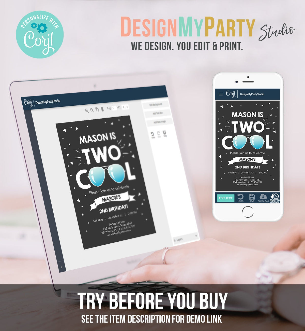 Editable Two Cool Birthday Invitation Boy Second Birthday Party 2nd I&#39;m this Many I&#39;m Two Cool Digital Download Template Printable 0136