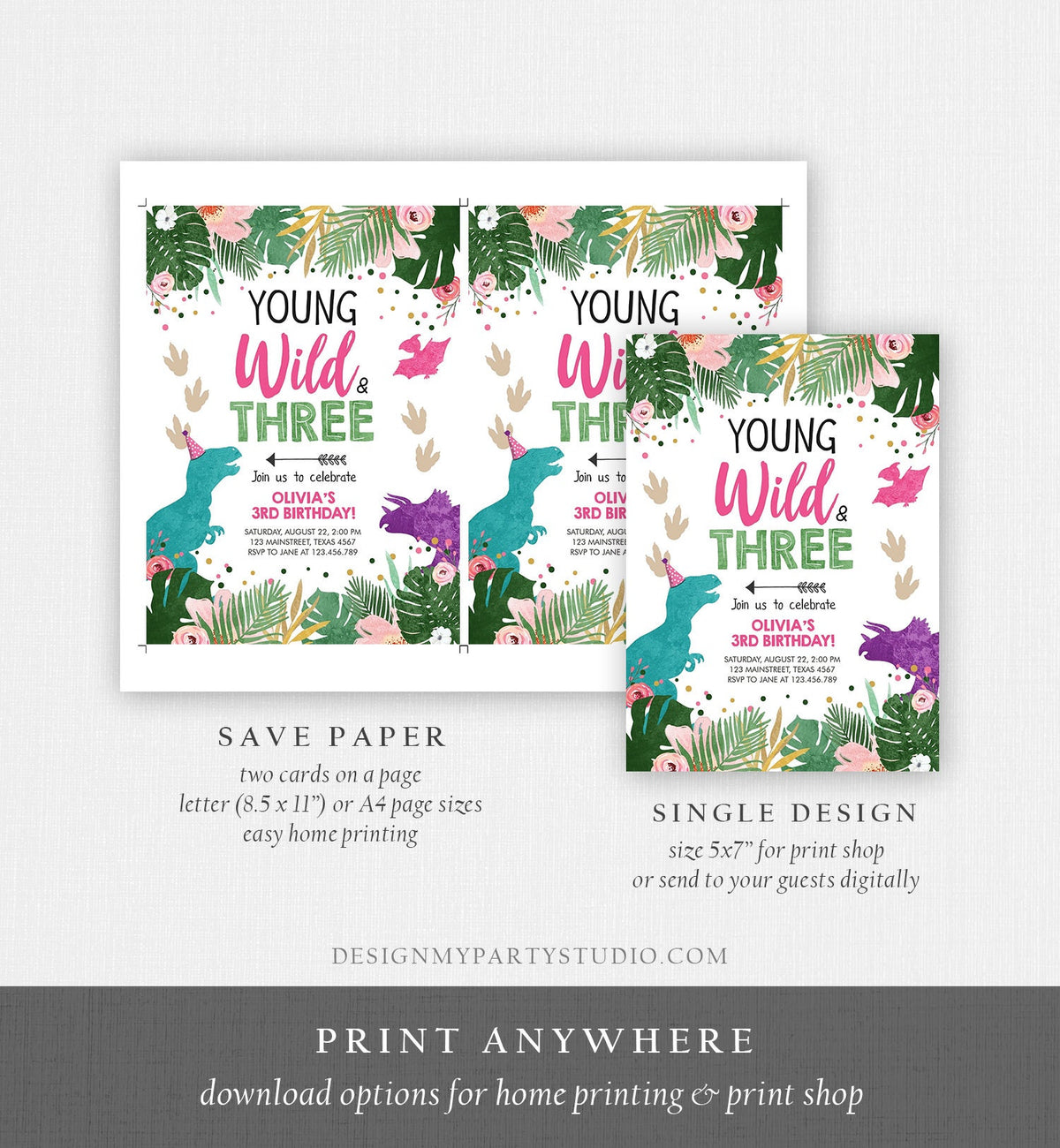 Editable Young Wild and Three Birthday Invitation Dinosaur Dino Party Girl 3rd Third Birthday Pink Purple Corjl Template Printable 0388