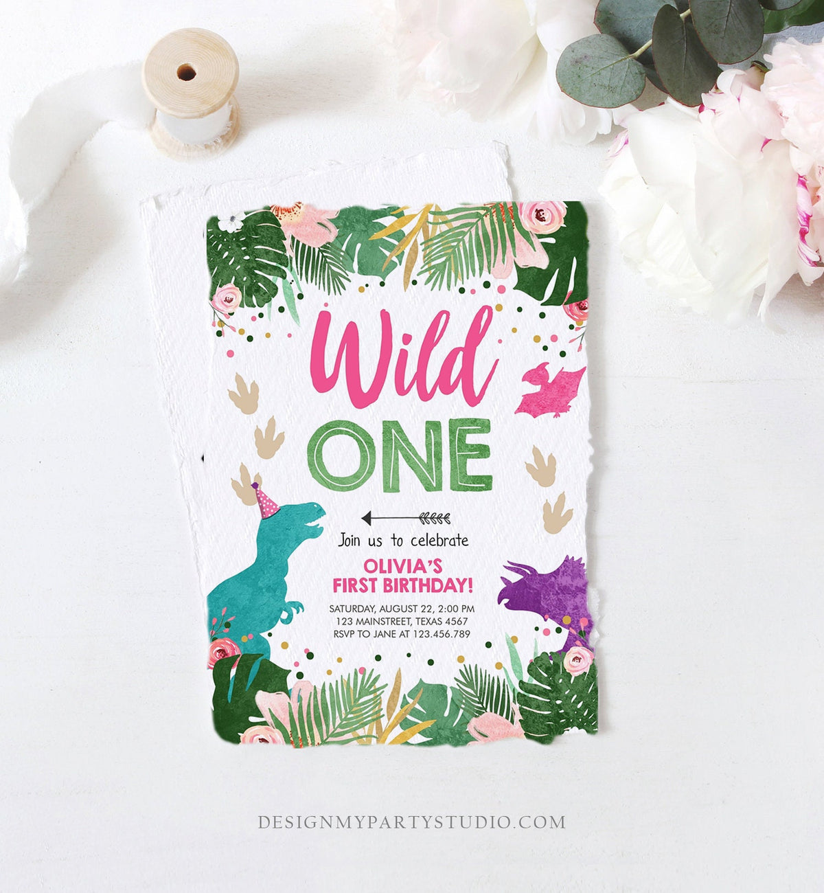 Editable Wild One Birthday Invitation Dinosaur Dino Party Girl 1st First Birthday Pink Purple Digital Download Evite Template Printable 0388