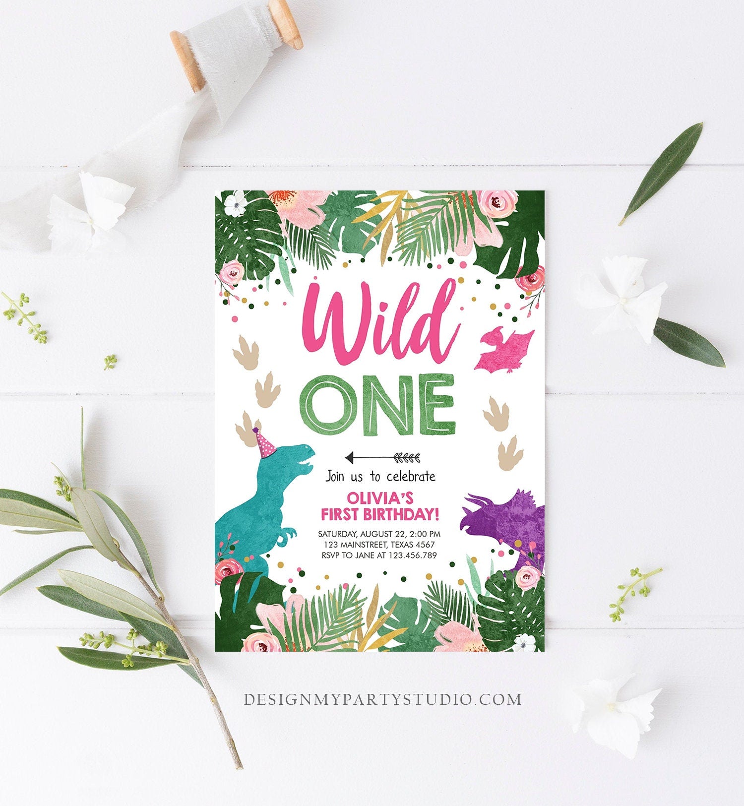 Editable Wild One Birthday Invitation Dinosaur Dino Party Girl 1st First Birthday Pink Purple Digital Download Evite Template Printable 0388