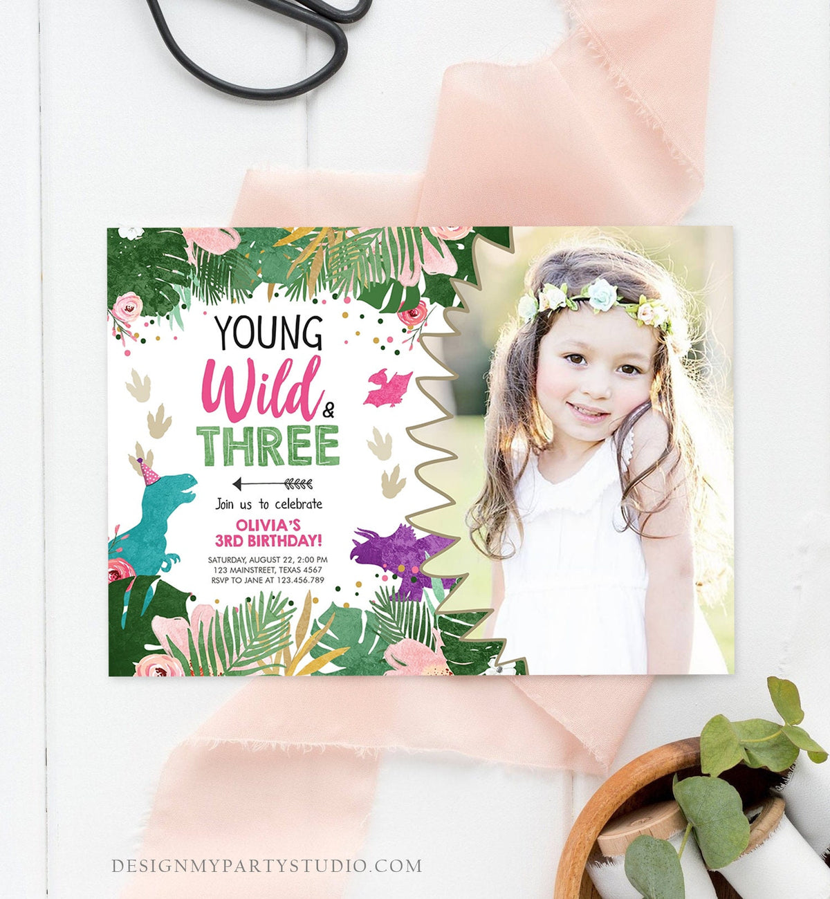 Editable Young Wild and Three Birthday Invitation Dinosaur Dino Party Girl 3rd Third Birthday Pink Purple Digital Template Printable 0388