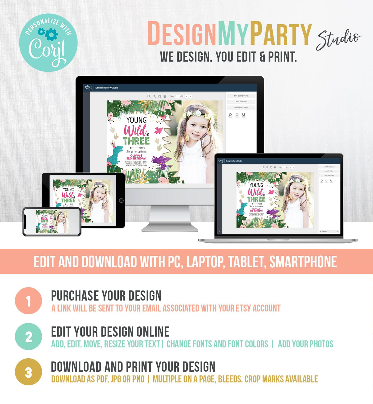 Editable Young Wild and Three Birthday Invitation Dinosaur Dino Party Girl 3rd Third Birthday Pink Purple Digital Template Printable 0388