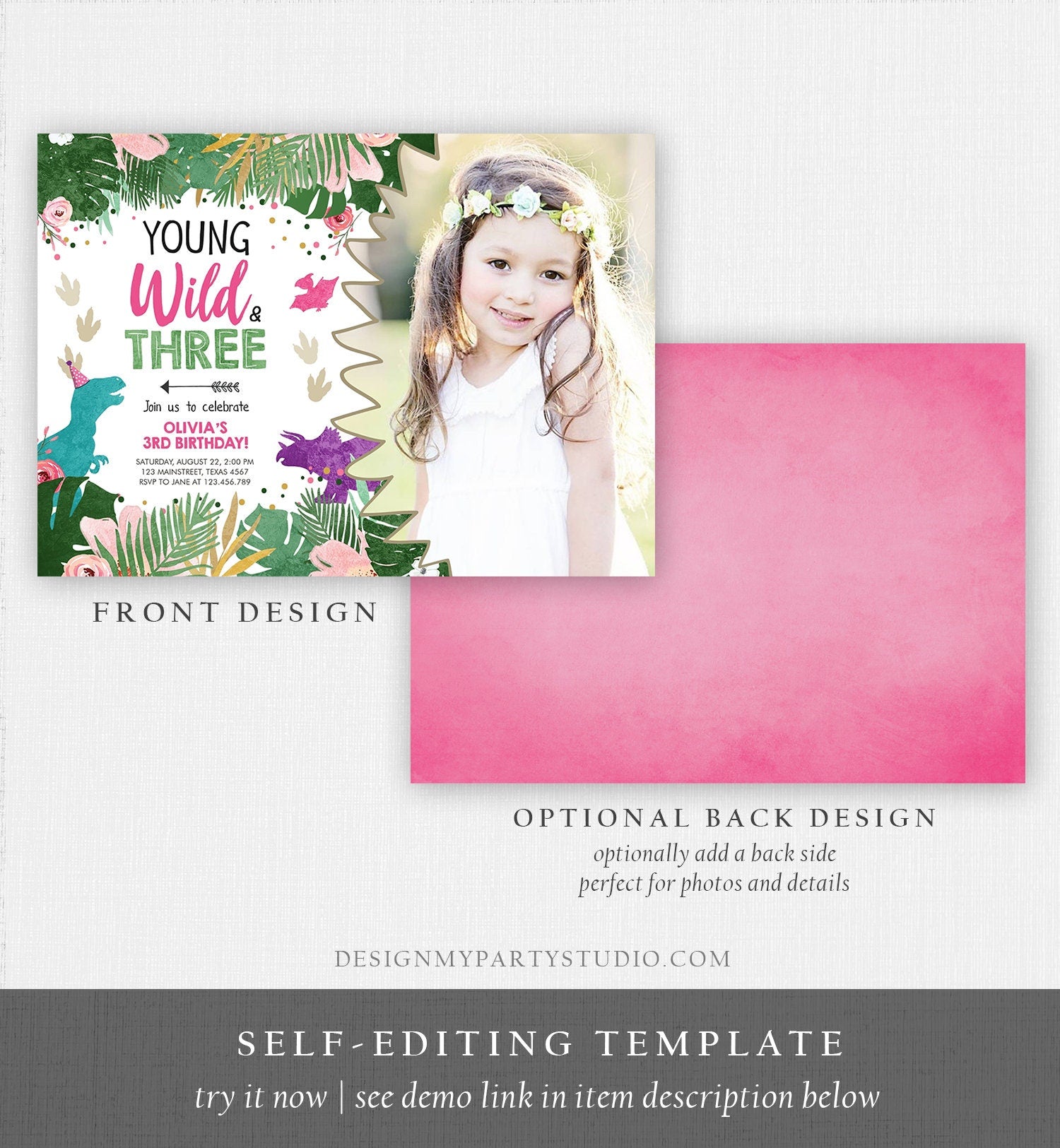 Editable Young Wild and Three Birthday Invitation Dinosaur Dino Party Girl 3rd Third Birthday Pink Purple Digital Template Printable 0388