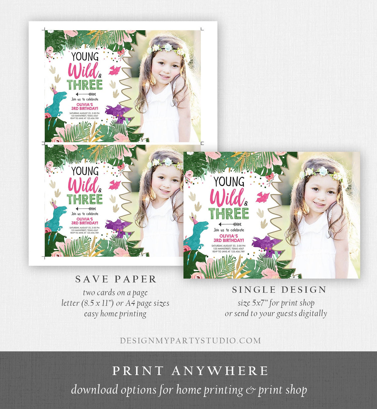 Editable Young Wild and Three Birthday Invitation Dinosaur Dino Party Girl 3rd Third Birthday Pink Purple Digital Template Printable 0388