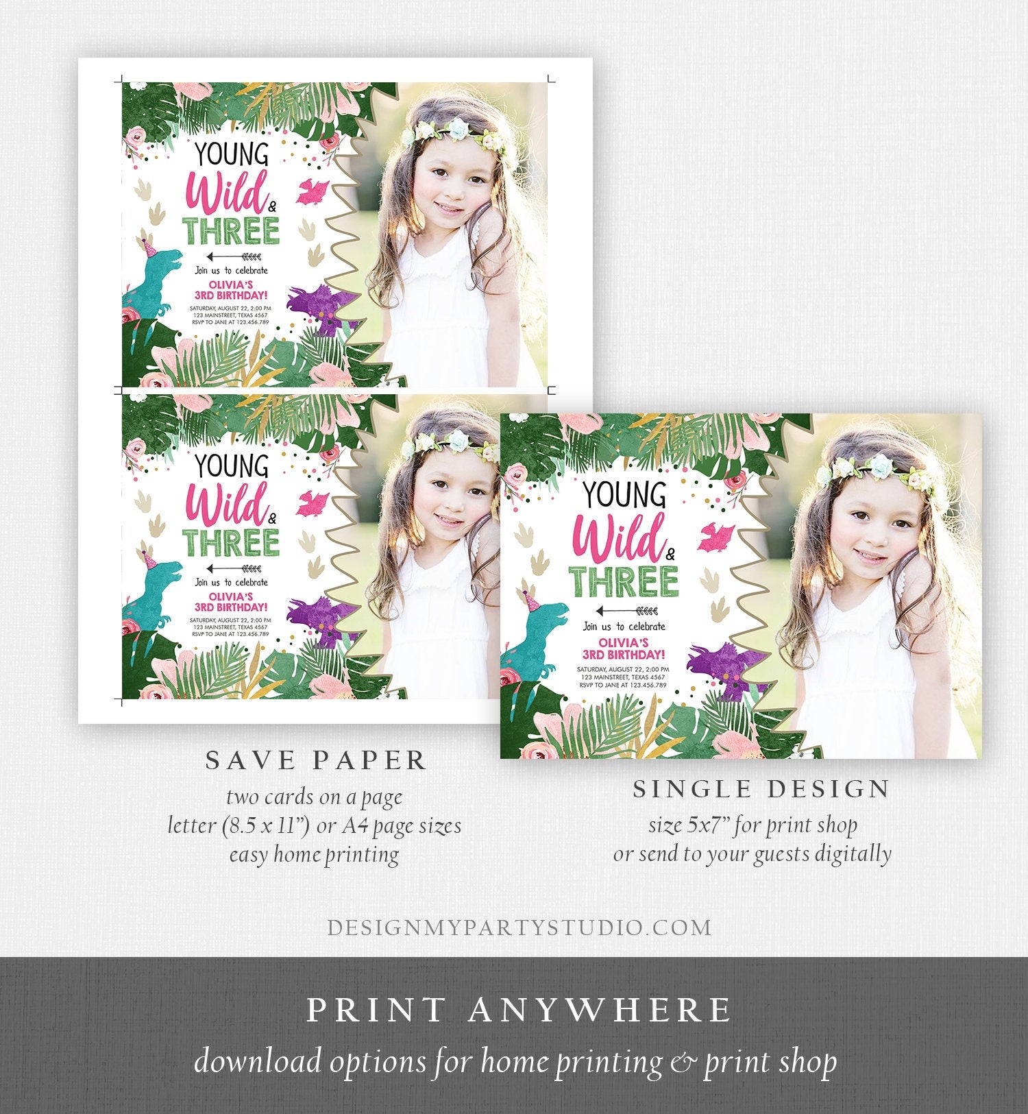 Editable Young Wild and Three Birthday Invitation Dinosaur Dino Party Girl 3rd Third Birthday Pink Purple Digital Template Printable 0388
