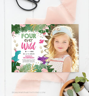 Editable Four Ever Wild Birthday Invitation Dinosaur Dino Party Girl 4th Fourth Birthday Pink Purple Fourever Corjl Template Printable 0388