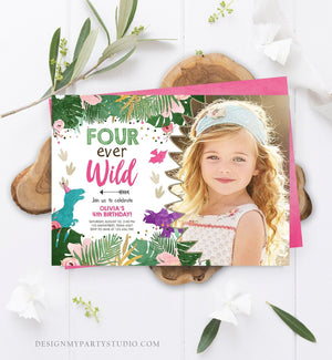 Editable Four Ever Wild Birthday Invitation Dinosaur Dino Party Girl 4th Fourth Birthday Pink Purple Fourever Corjl Template Printable 0388