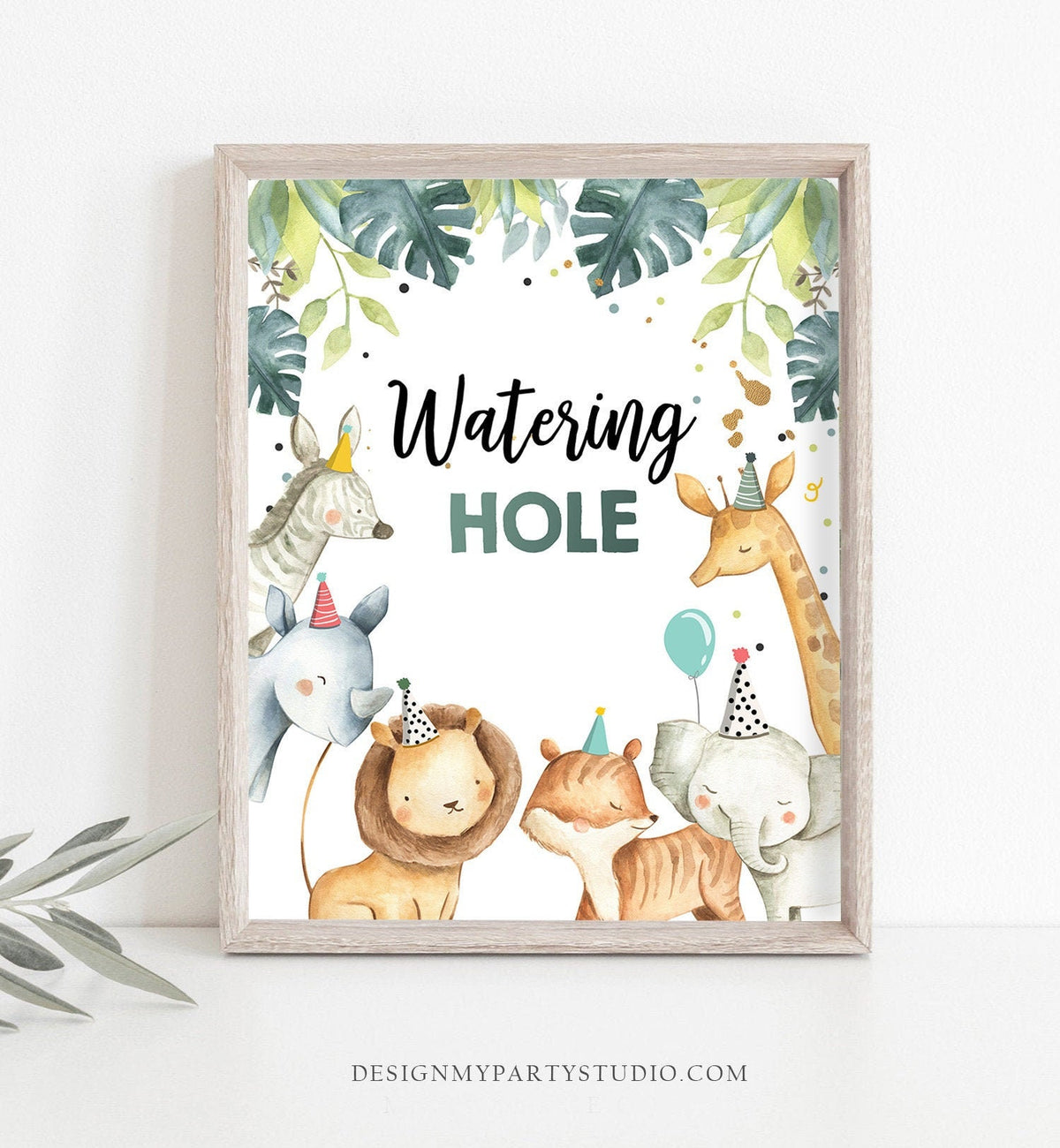 Watering Hole Birthday Sign Drink Table Decor Safari Birthday Wild One Animals Gold Green Boy Table Sign Zoo Party Jungle PRINTABLE 0163