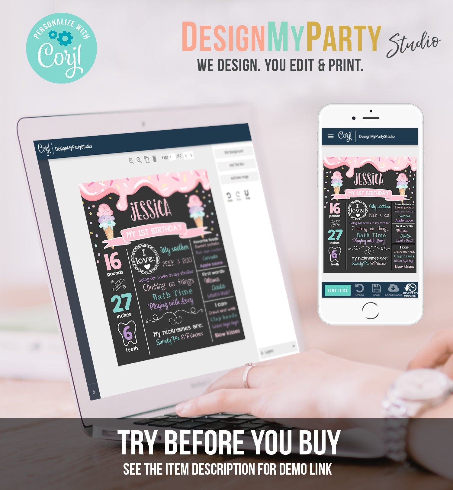 Editable Ice Cream Birthday Milestone Sign Poster Girl Pink First Birthday 1st Cone Sweet One Digital Download Template Printable 0243