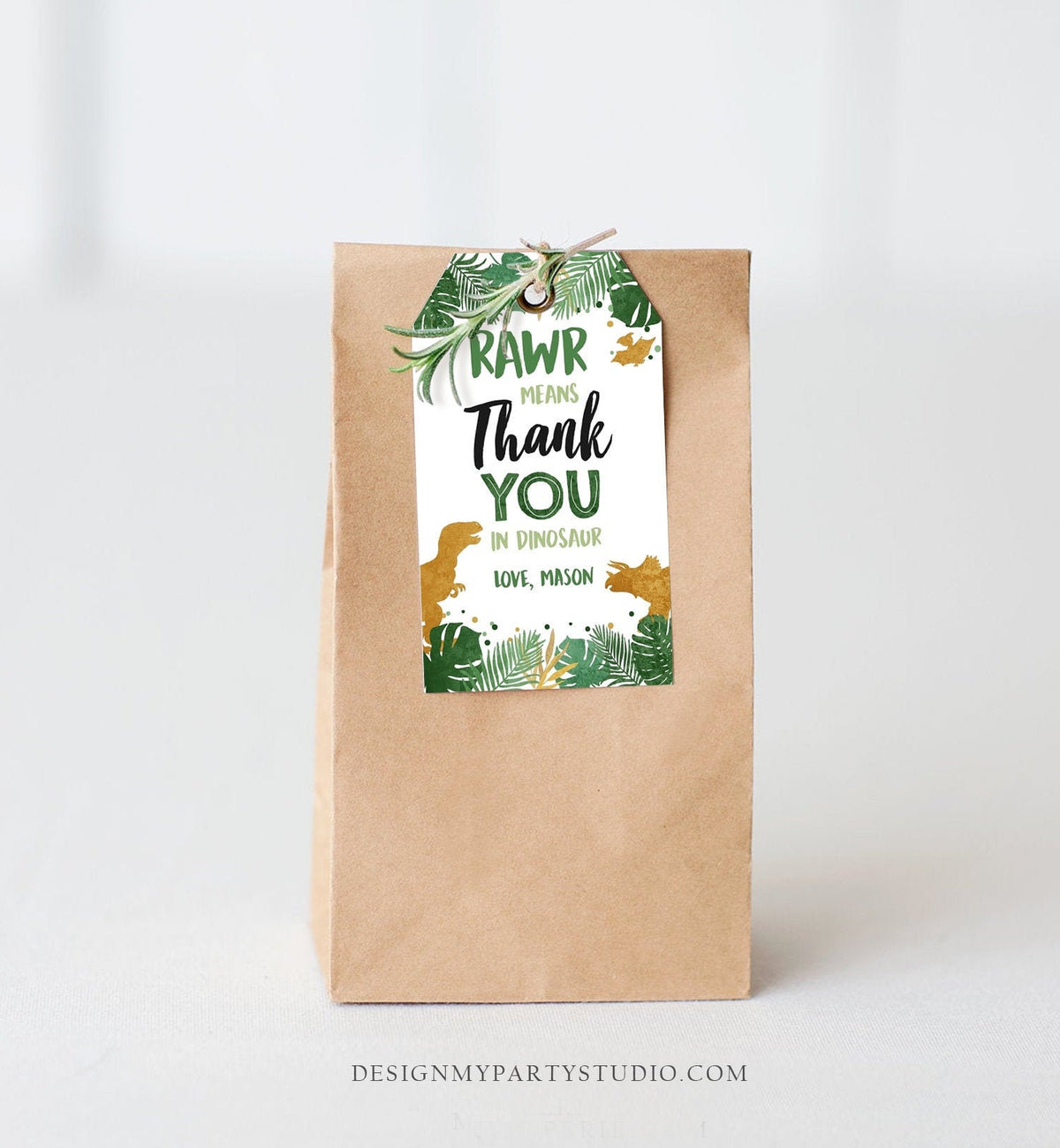 Editable Gold Dinosaur Gift Tags Dino Thank You for Stomping By Boy RAWR Means Thank You Favor Tags Dino Party Corjl Template Printable 0146