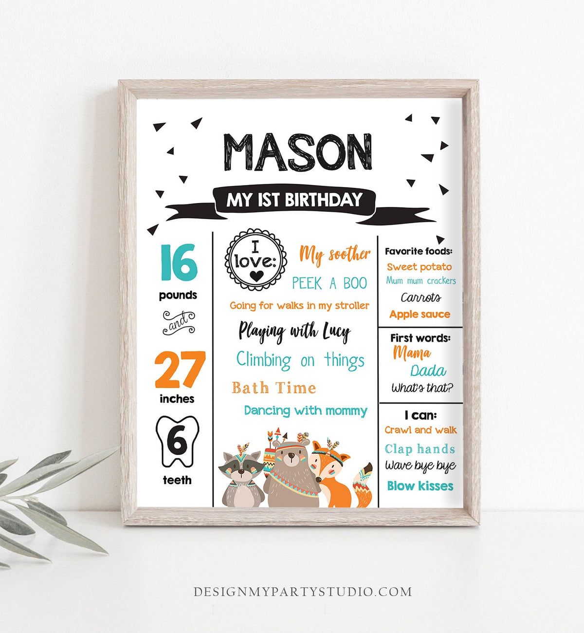 Editable Tribal Woodland Birthday Milestones Sign Wild One First Birthday 1st Boy Boho Woodland Animals Corjl Template Printable 0061