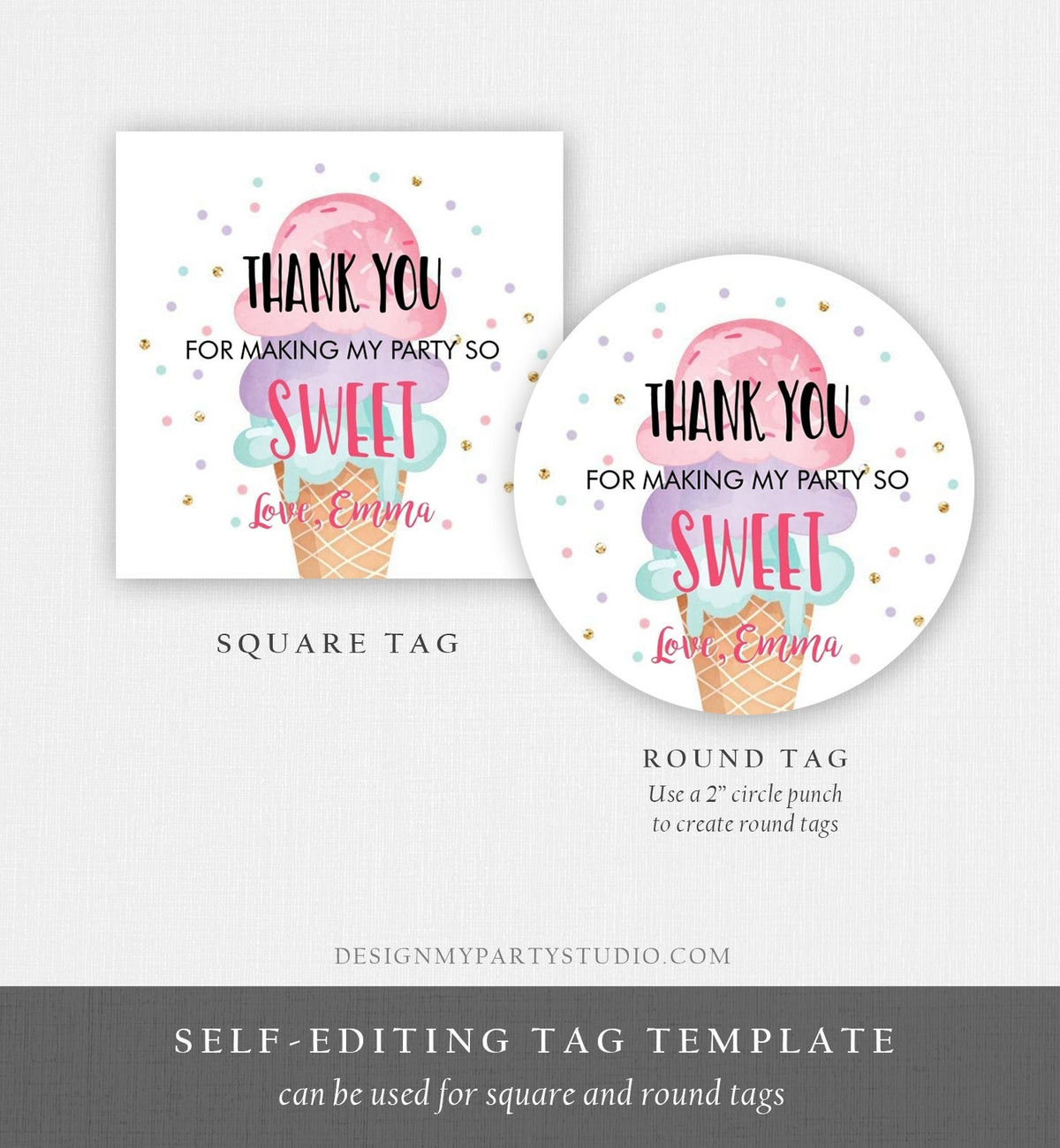 Editable Ice Cream Thank You Tag Round Ice Cream Stickers Girl Birthday Pink Ice Cream Sweet Favor Tag Corjl Template Printable 0243