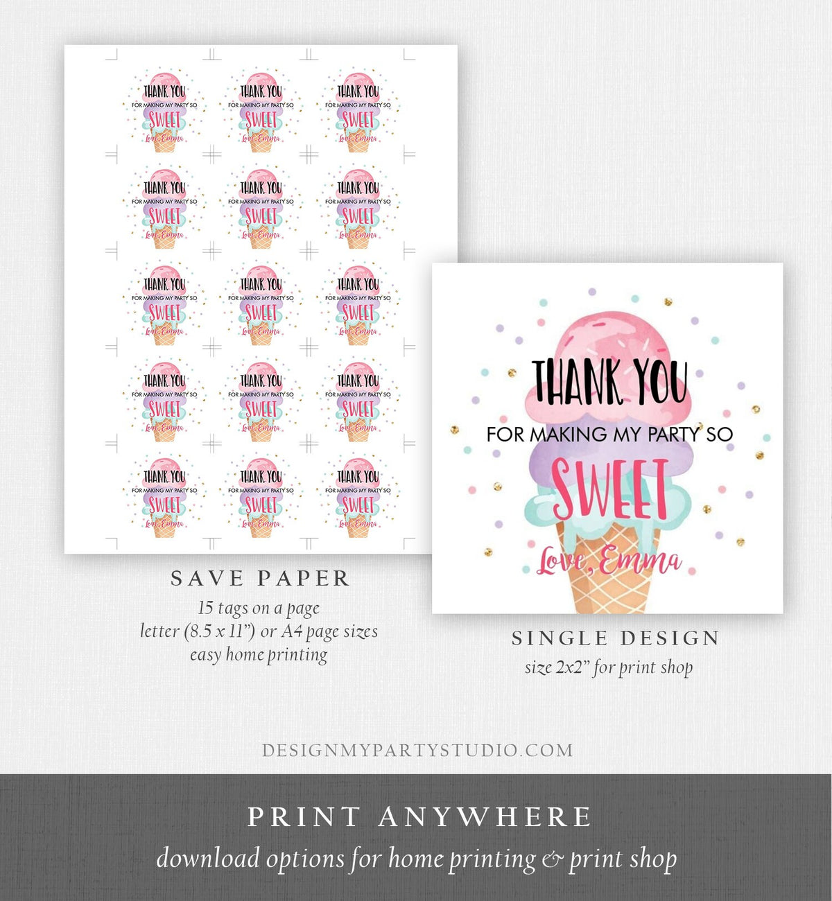 Editable Ice Cream Thank You Tag Round Ice Cream Stickers Girl Birthday Pink Ice Cream Sweet Favor Tag Corjl Template Printable 0243