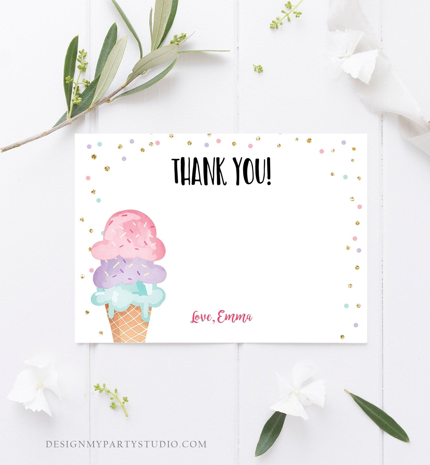 Editable Ice Cream Thank You Card Ice Cream Birthday Thank you Note Girl Birthday Summer Download Printable Template Digital Corjl 0243