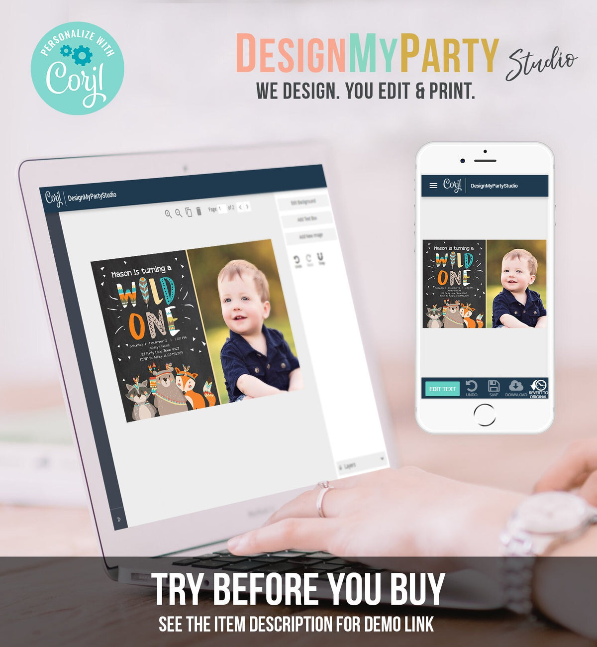 Editable Tribal Woodland Wild One First Birthday Invitation Boho Woodland Animals Boy Chalk Photo Printable Template Corjl Digital 0061