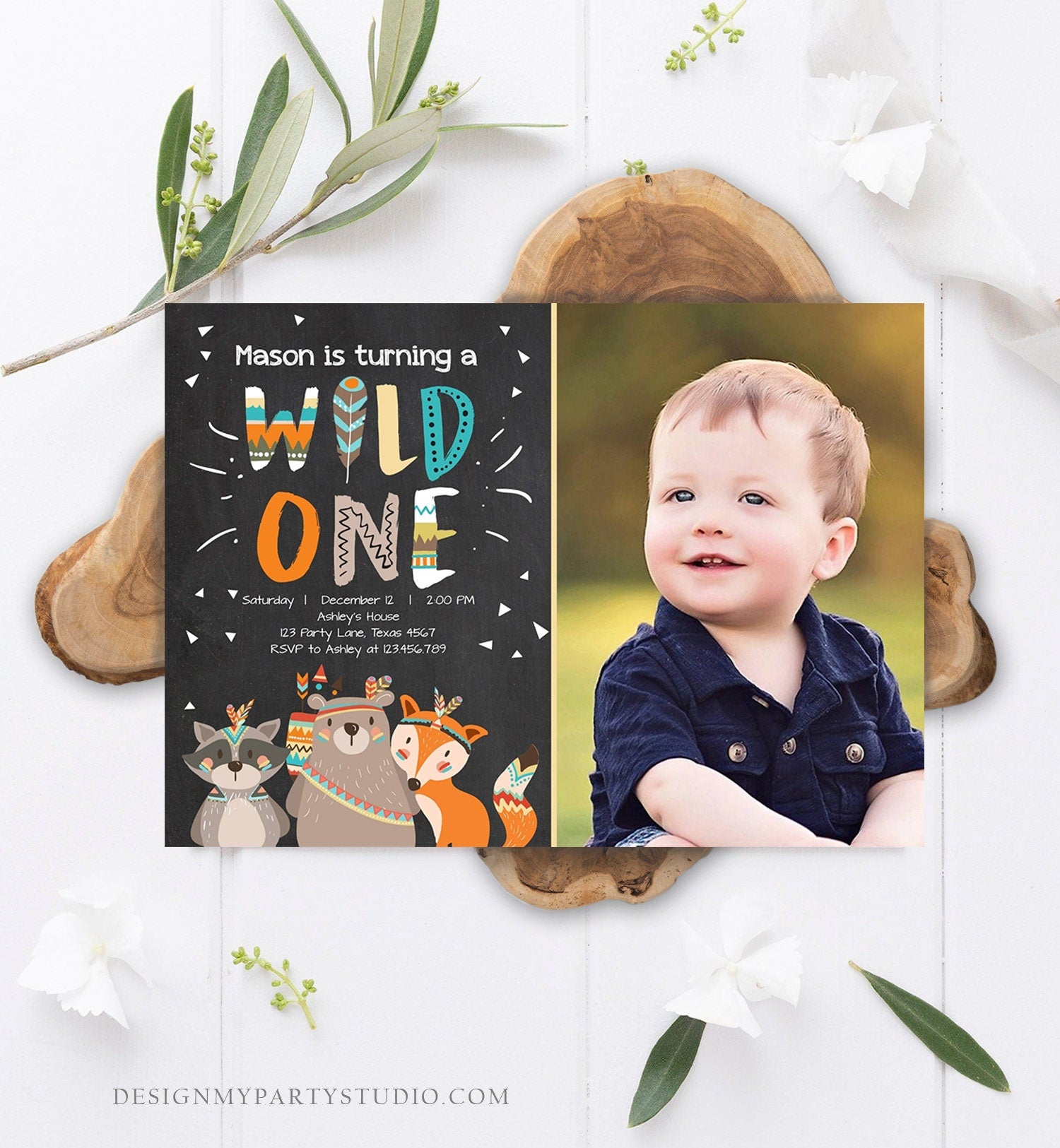 Editable Tribal Woodland Wild One First Birthday Invitation Boho Woodland Animals Boy Chalk Photo Printable Template Corjl Digital 0061