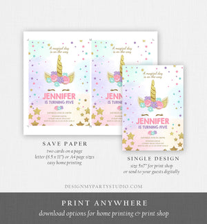 Editable Magical Unicorn Birthday Invitation ANY AGE Pastel Pink Girl Gold Stars Party Floral Digital Download Corjl Template Printable 0041