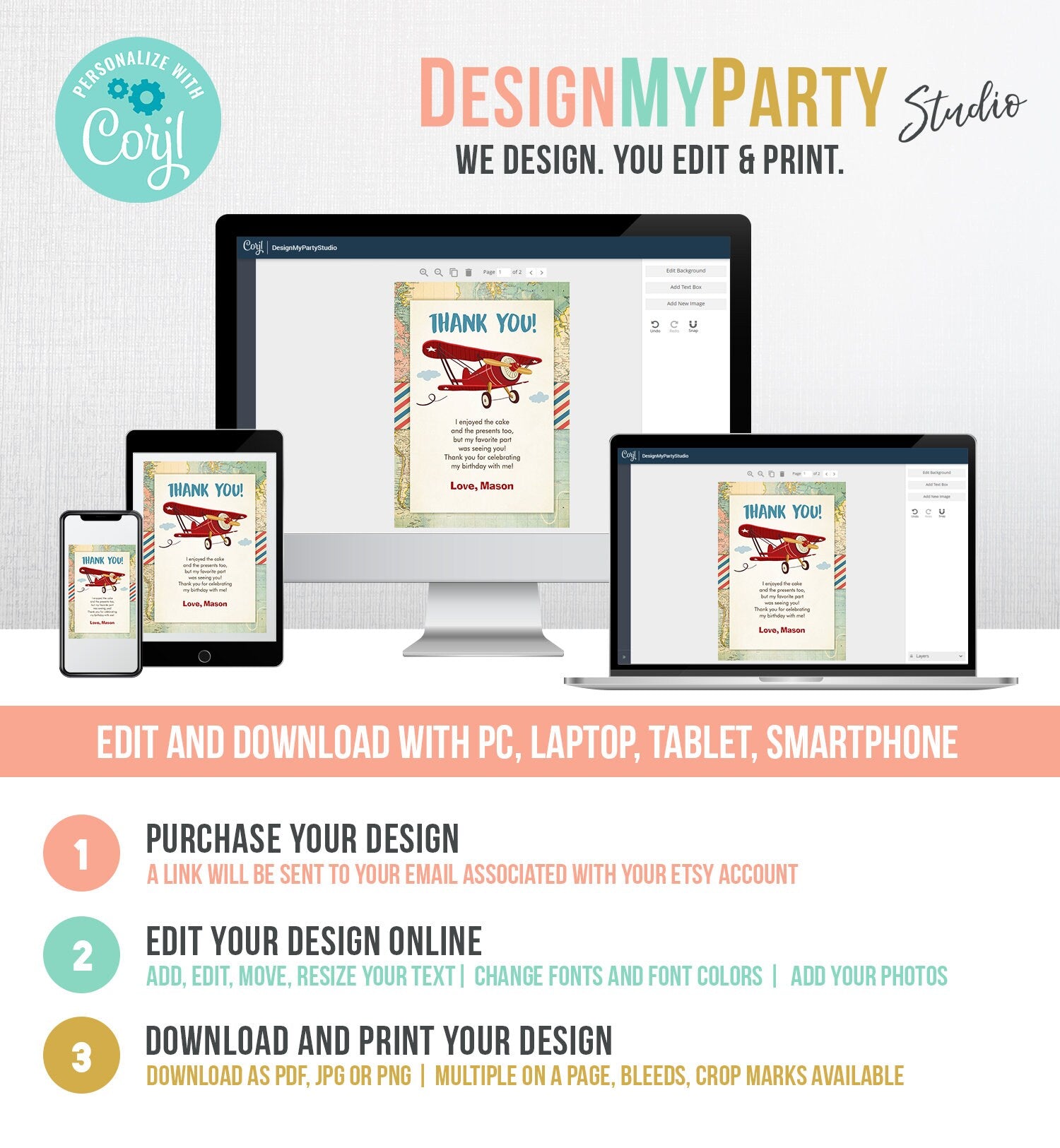 Editable Airplane Thank You Card Airplane Birthday Adventure Travel Baby Shower Vintage Red Plane Aircraft Download Corjl Template 0011