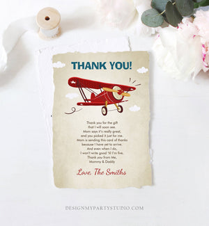 Editable Airplane Thank You Card Airplane Birthday Adventure Travel Baby Shower Vintage Red Plane Aircraft Download Corjl Template 0011