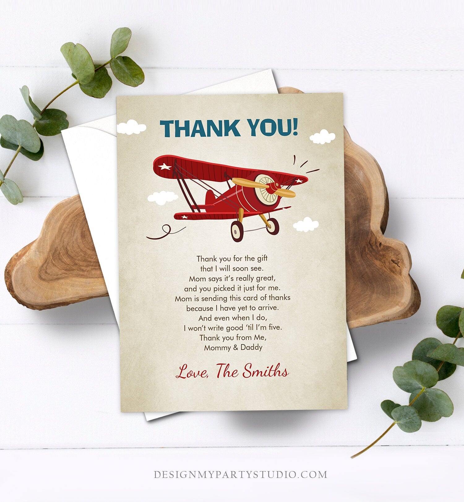 Editable Airplane Thank You Card Airplane Birthday Adventure Travel Baby Shower Vintage Red Plane Aircraft Download Corjl Template 0011