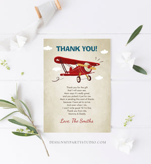 Editable Airplane Thank You Card Airplane Birthday Adventure Travel Baby Shower Vintage Red Plane Aircraft Download Corjl Template 0011