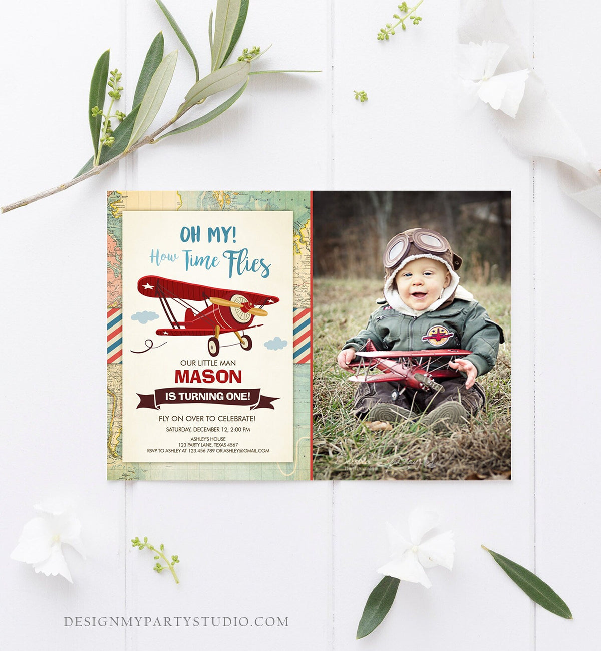 Editable Airplane Birthday Invitation Oh My Time Flies Red Airplane First Birthday Plane Sky Photo Digital Download Template Printable 0011