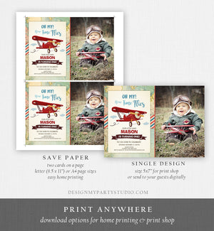 Editable Airplane Birthday Invitation Oh My Time Flies Red Airplane First Birthday Plane Sky Photo Download Printable Corjl Template 0011