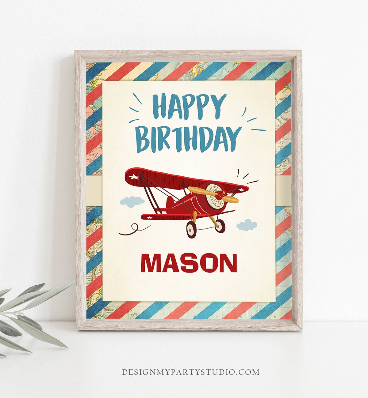 Editable Airplane Birthday Welcome Sign Happy Birthday Boy Vintage Airplane Decor Table Sign Red Aircraft Plane Sky Template Printable 0011