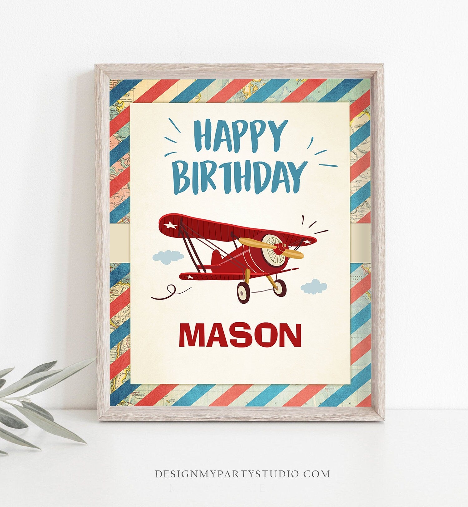 Editable Airplane Birthday Welcome Sign Happy Birthday Boy Vintage Airplane Decor Table Sign Red Aircraft Plane Sky Template Printable 0011