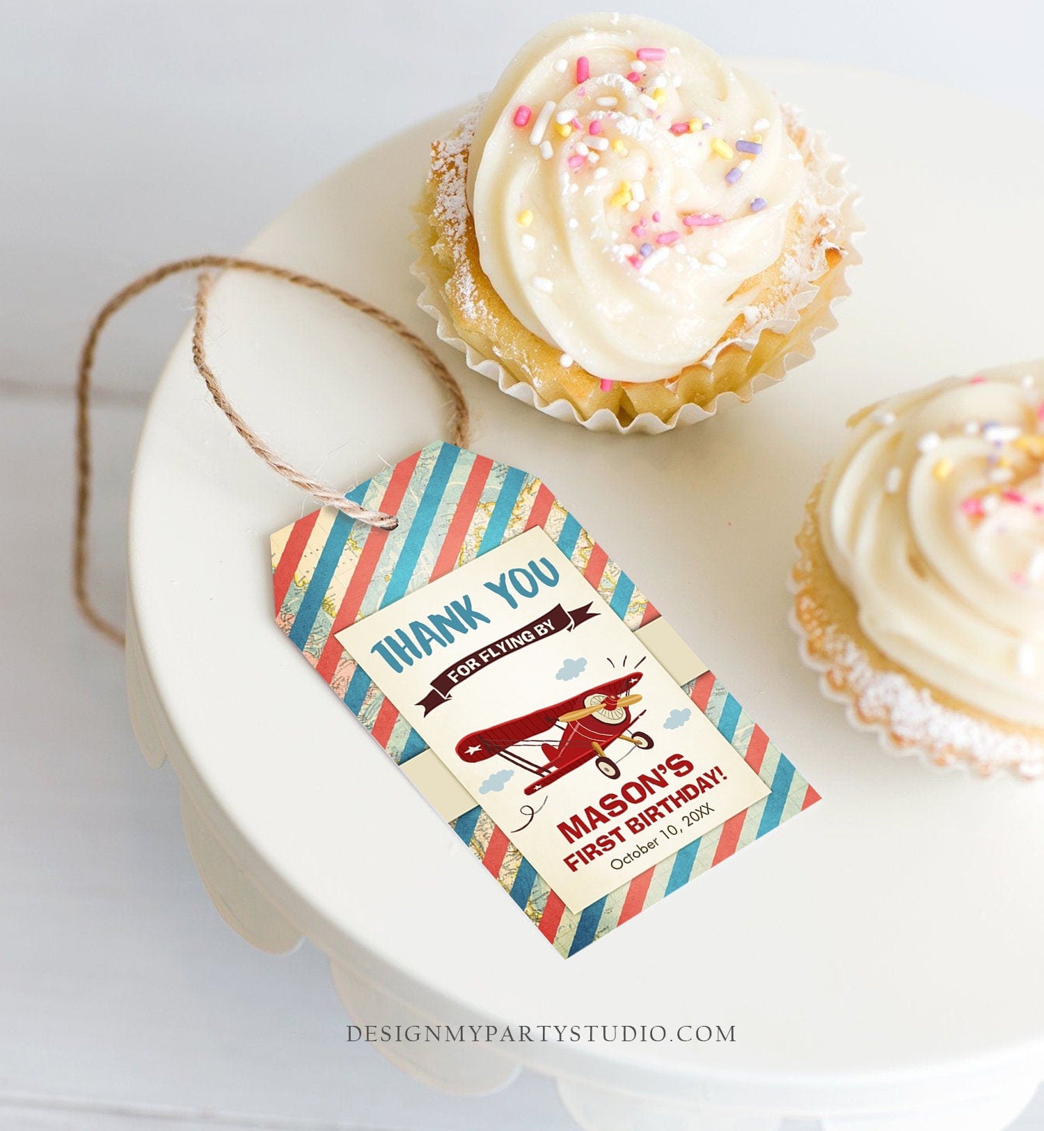 Editable Airplane Favor Tags Birthday Thank You Tag Vintage Red Aircraft Plane Label Blue Boy Gift Flying By Digital Template Printable 0011