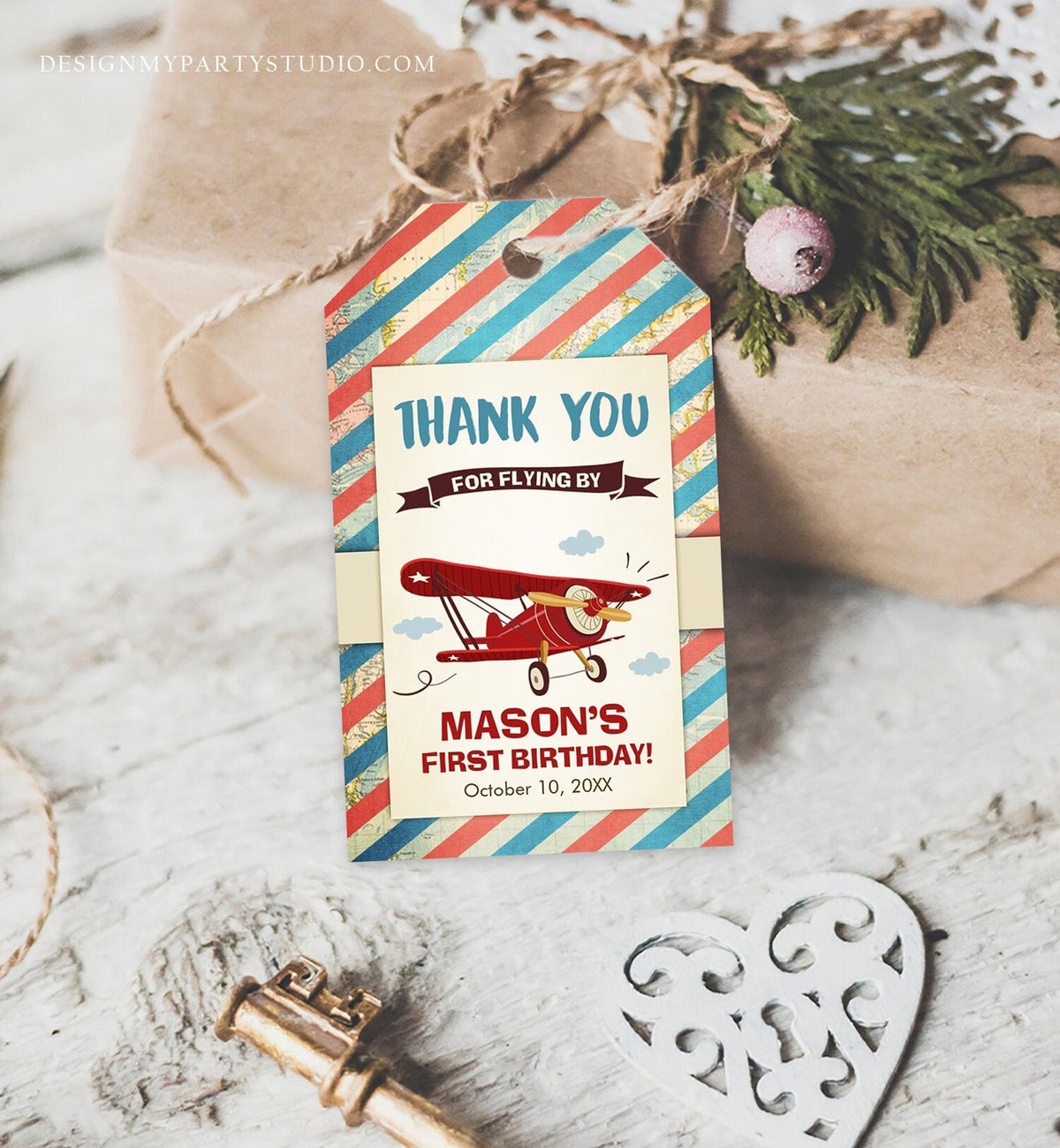 Editable Airplane Favor Tags Birthday Thank You Tag Vintage Red Aircraft Plane Label Blue Boy Gift Flying By Digital Template Printable 0011