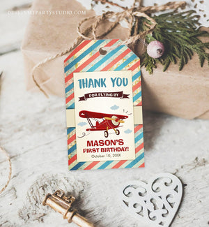 Editable Airplane Favor Tags Birthday Thank You Tag Vintage Red Aircraft Plane Label Blue Boy Gift Flying By Baby Shower Corjl Template 0011