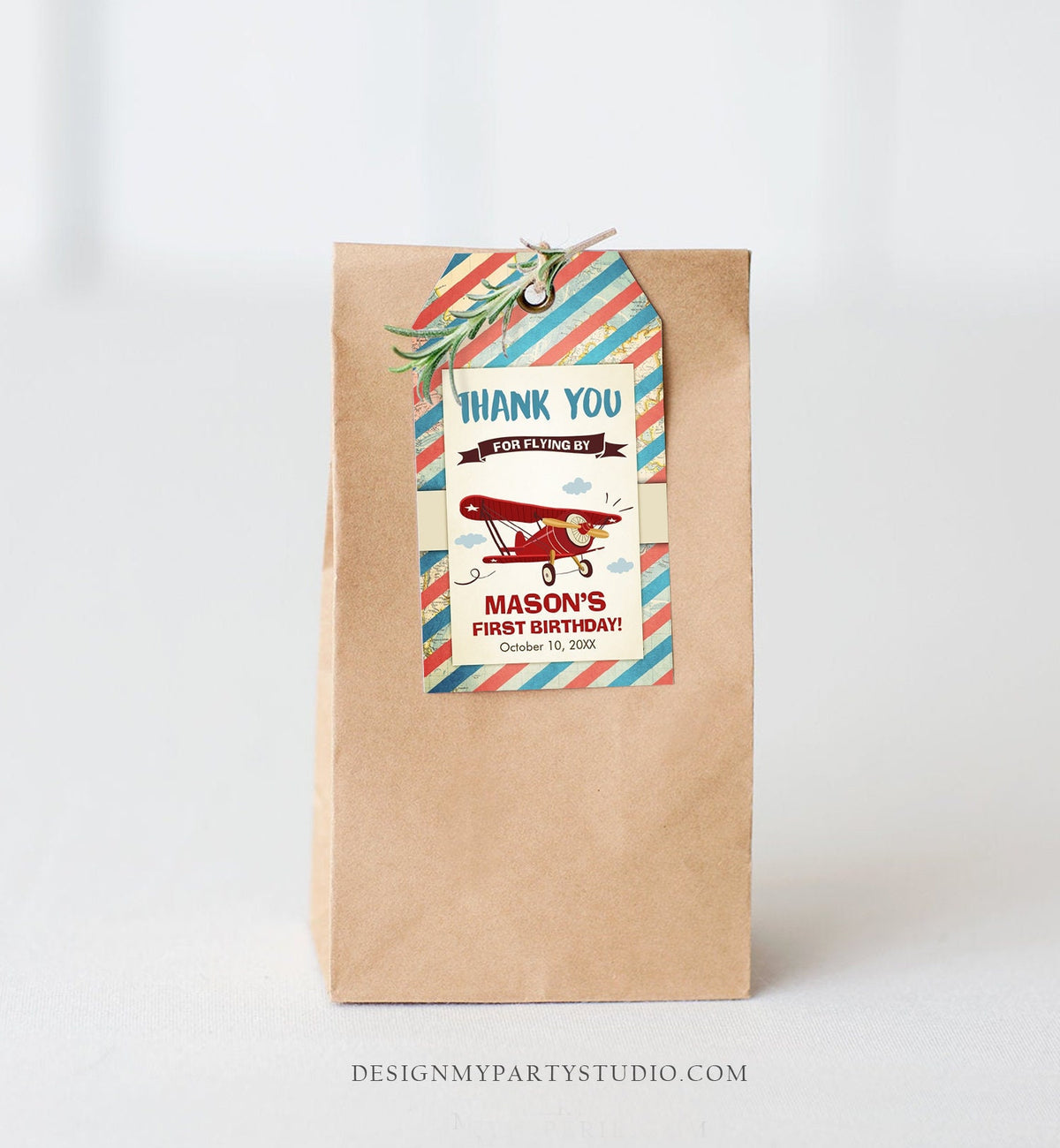 Editable Airplane Favor Tags Birthday Thank You Tag Vintage Red Aircraft Plane Label Blue Boy Gift Flying By Digital Template Printable 0011