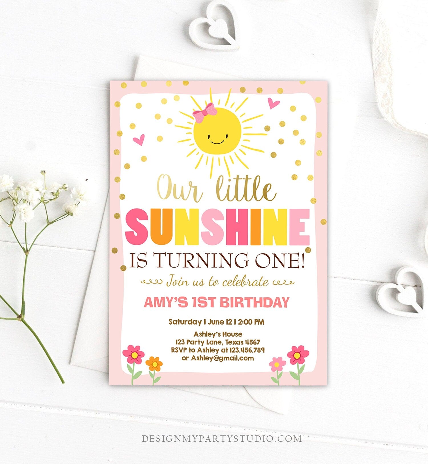 Editable Our Little Sunshine Birthday Invitation Girl Sunshine Party First Birthday 1st Party Pink Girl Bow Download Corjl Template 0070