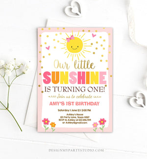 Editable Our Little Sunshine Birthday Invitation Girl Sunshine Party First Birthday 1st Party Pink Girl Bow Download Corjl Template 0070