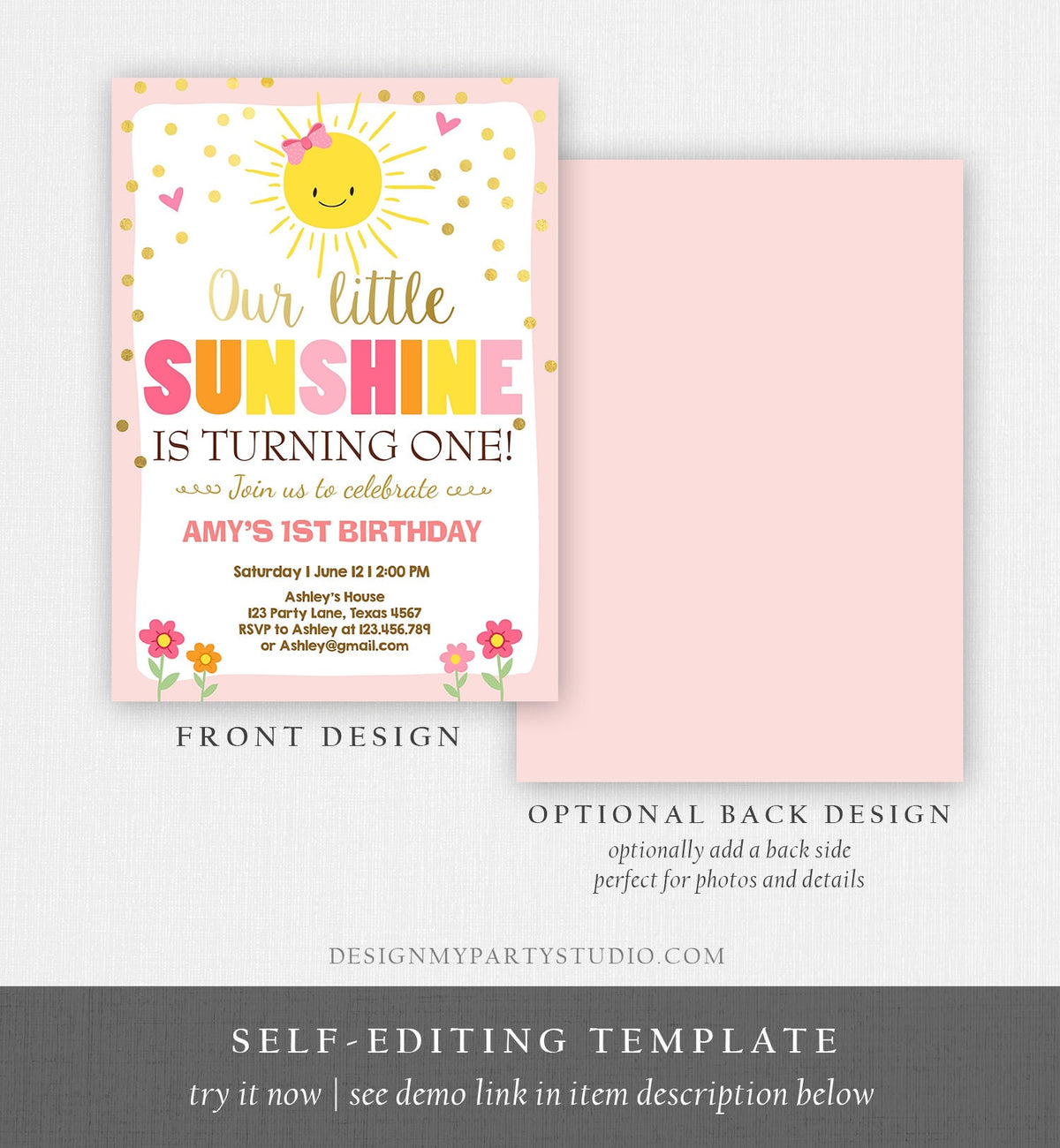 Editable Our Little Sunshine Birthday Invitation Girl Sunshine Party First Birthday 1st Party Pink Girl Bow Digital Template Printable 0070