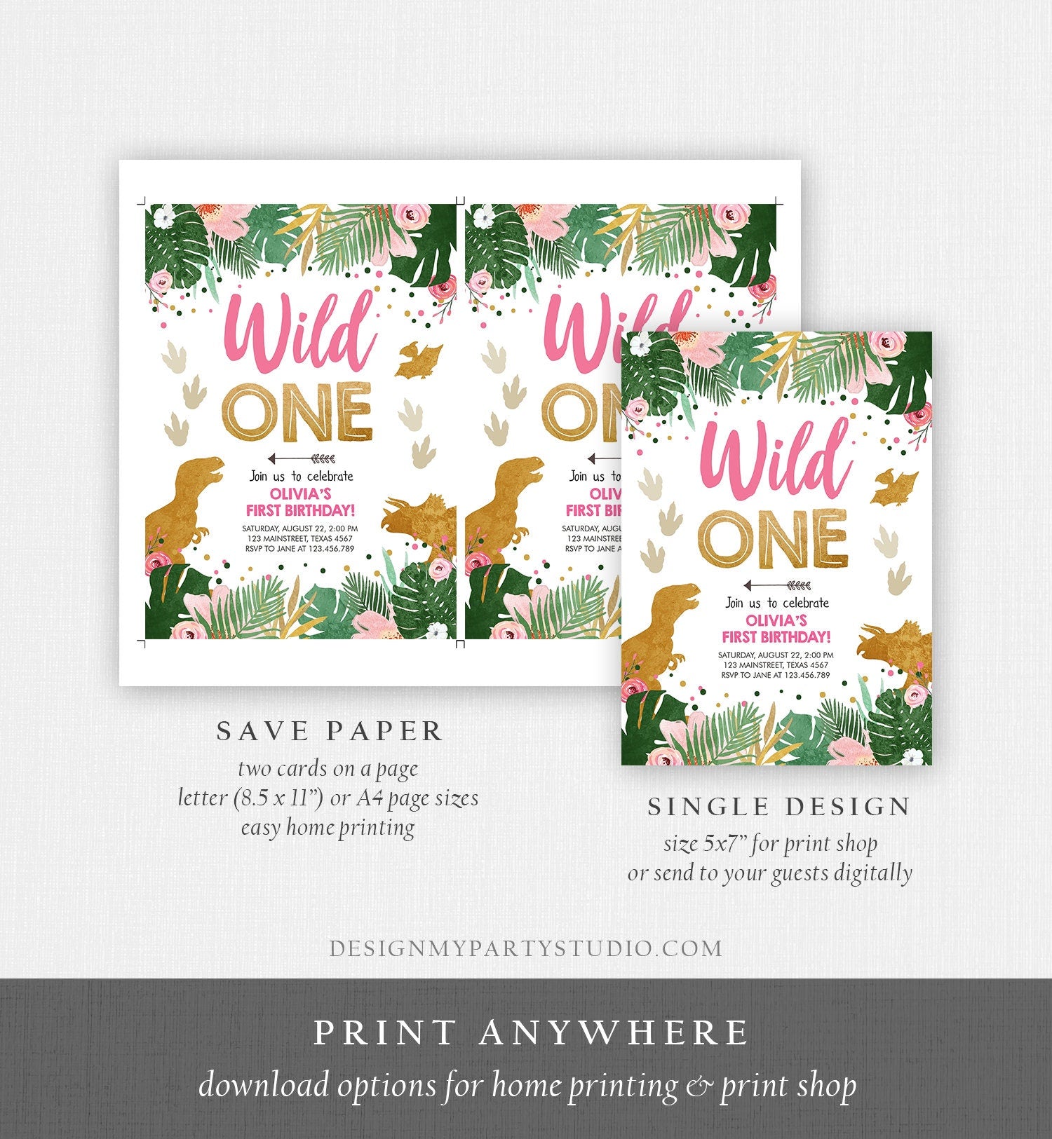 Editable Wild One Birthday Invitation Dinosaur Dino Party Girl 1st First Birthday Pink Gold Born to be Wild Digital Template Printable 0146