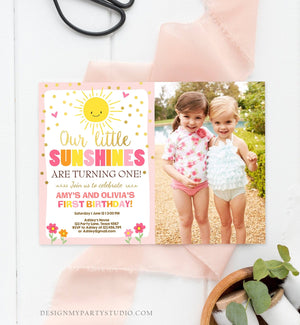 Editable Birthday Invitation Twins Little Sunshines Girls Siblings Pink Gold Girl Summer Download Printable Invitation Template Corjl 0070