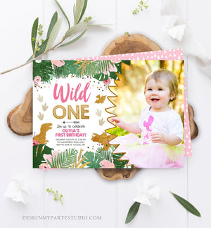 Editable Wild One Birthday Invitation Dinosaur Dino Party Girl 1st First Birthday Pink Gold Born to be Wild Corjl Template Printable 0146