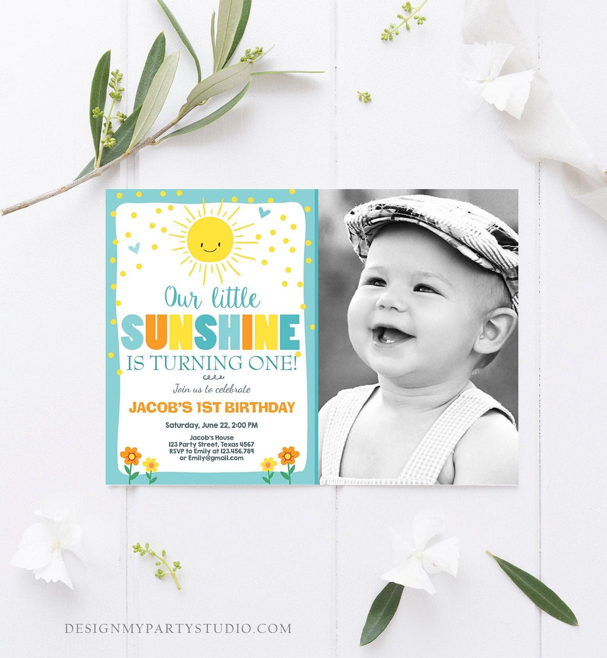 Editable Little Sunshine Birthday Invitation Boy Sunshine Party 1st First Birthday Blue Download Printable Invitation Template Corjl 0070