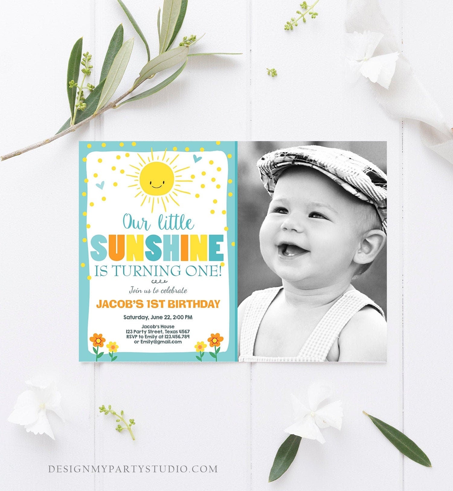 Editable Little Sunshine Birthday Invitation Boy Sunshine Party 1st First Birthday Blue Download Printable Invitation Template Corjl 0070