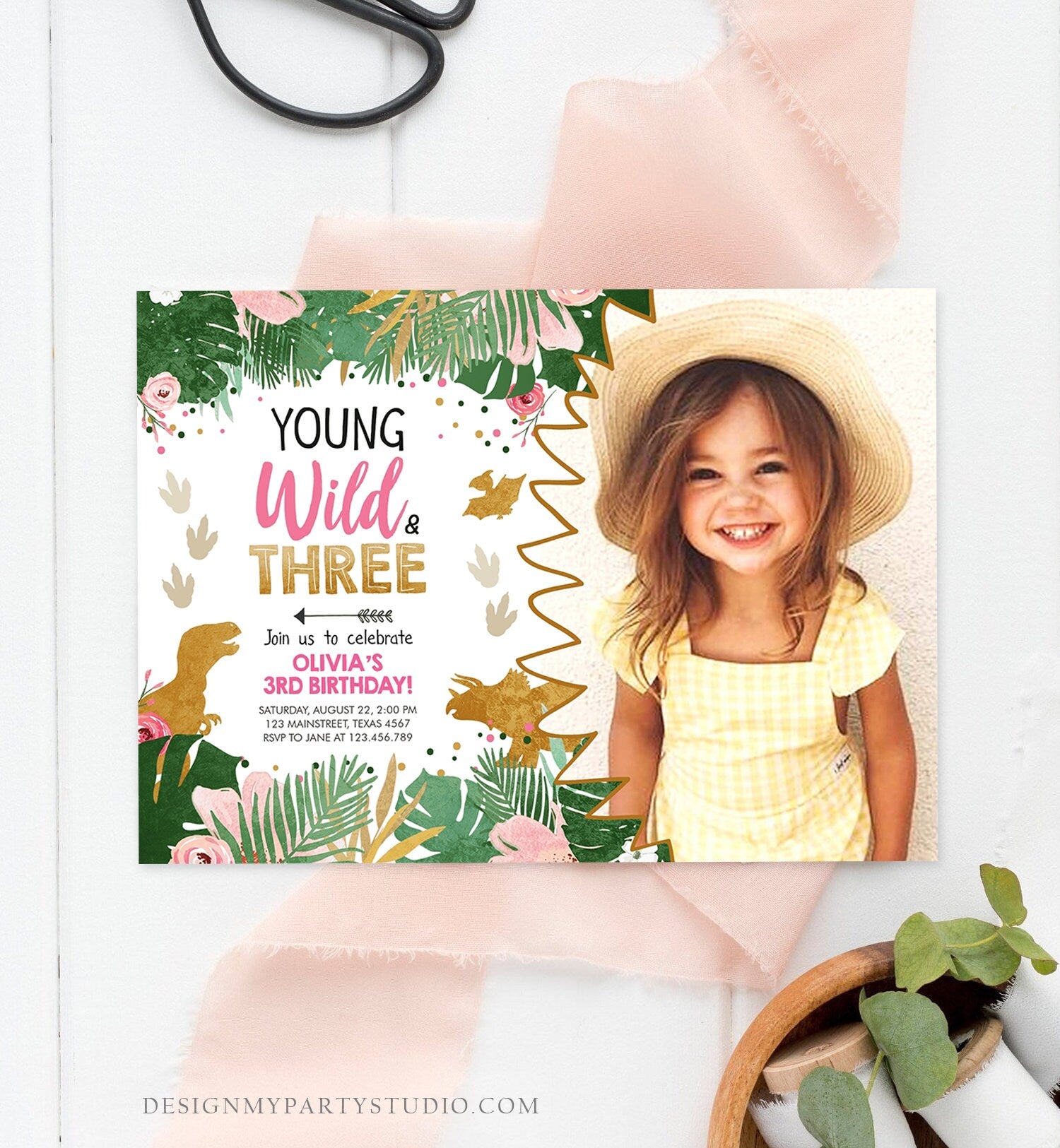 Editable Young Wild and Three Birthday Invitation Dinosaur Dino Party Girl 3rd Third Birthday Pink Gold Photo Corjl Template Printable 0146