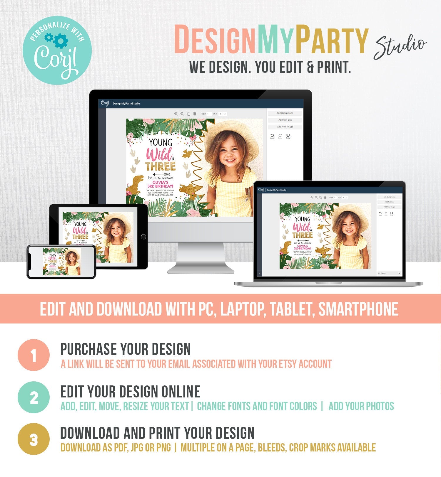 Editable Young Wild and Three Birthday Invitation Dinosaur Dino Party Girl 3rd Third Birthday Pink Gold Digital Template Printable 0146