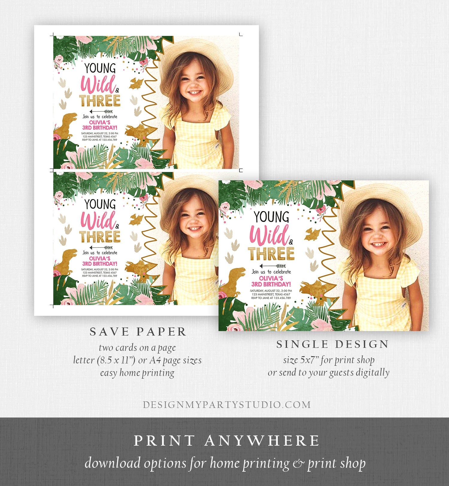 Editable Young Wild and Three Birthday Invitation Dinosaur Dino Party Girl 3rd Third Birthday Pink Gold Digital Template Printable 0146