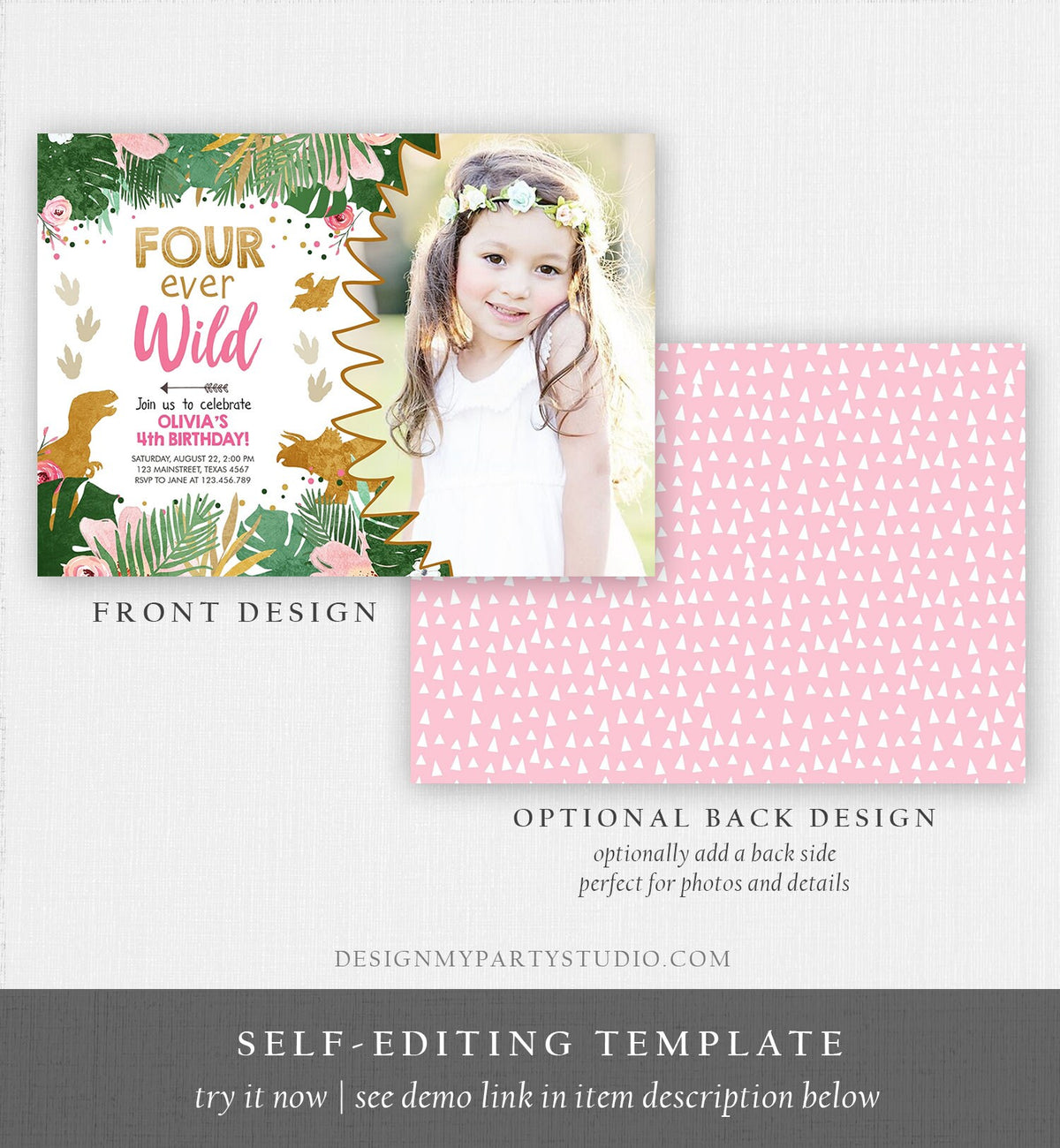 Editable Four Ever Wild Dinosaur Birthday Invitation Dino Party Girl 4th Fourth Birthday Pink Gold Fourever Corjl Template Printable 0146